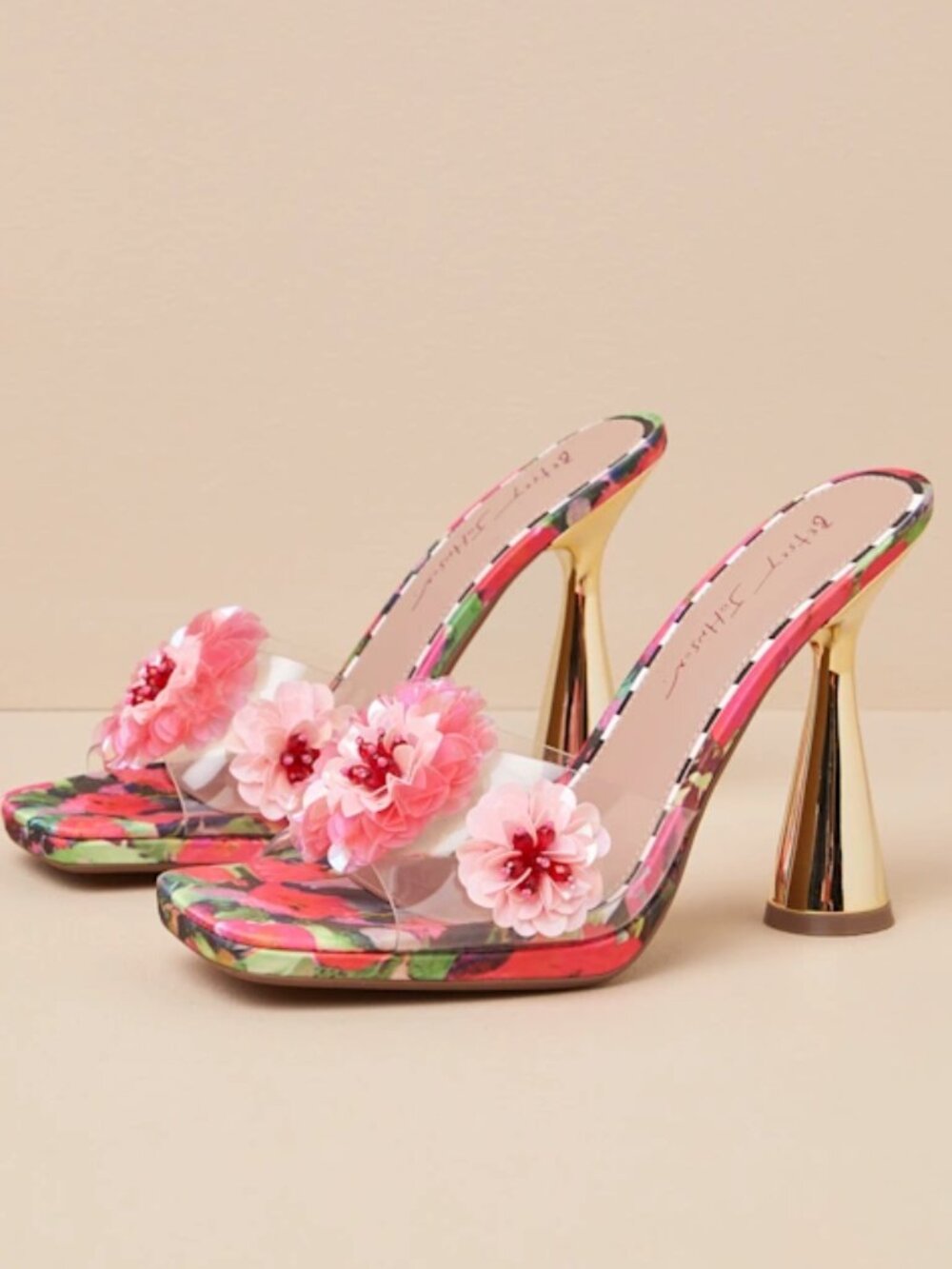 Betsey Johnson Blondee Red and Green Floral Applique High Heel Sandals